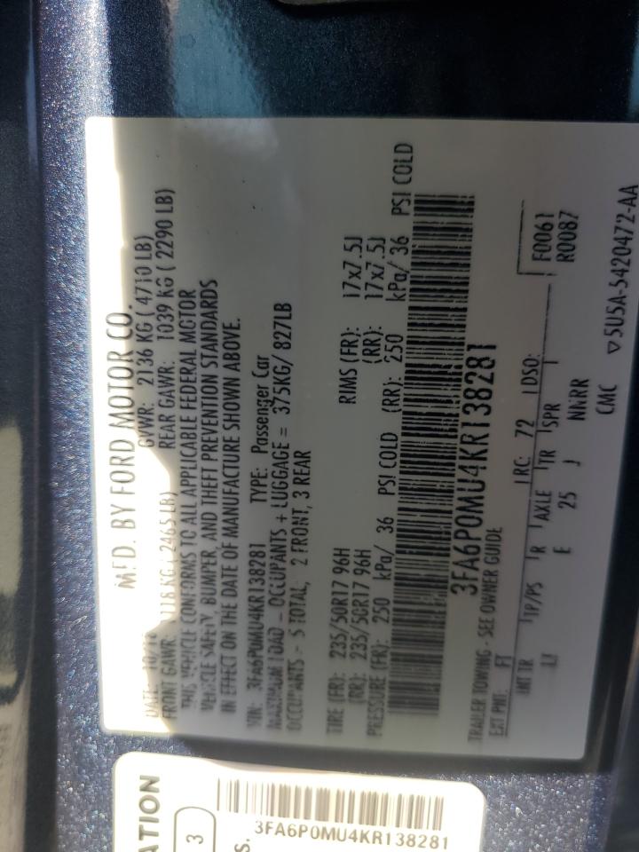FORD FUSION 2019 VIN 3FA6P0MU4KR138281 zdjęcie 12