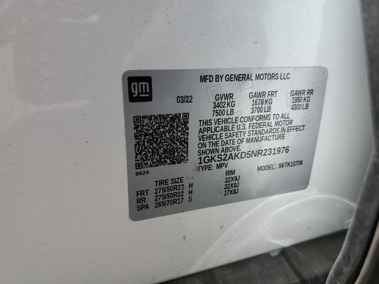 2022 GMC Yukon Sle VIN: 1GKS2AKD5NR231976 Lot: 62642975