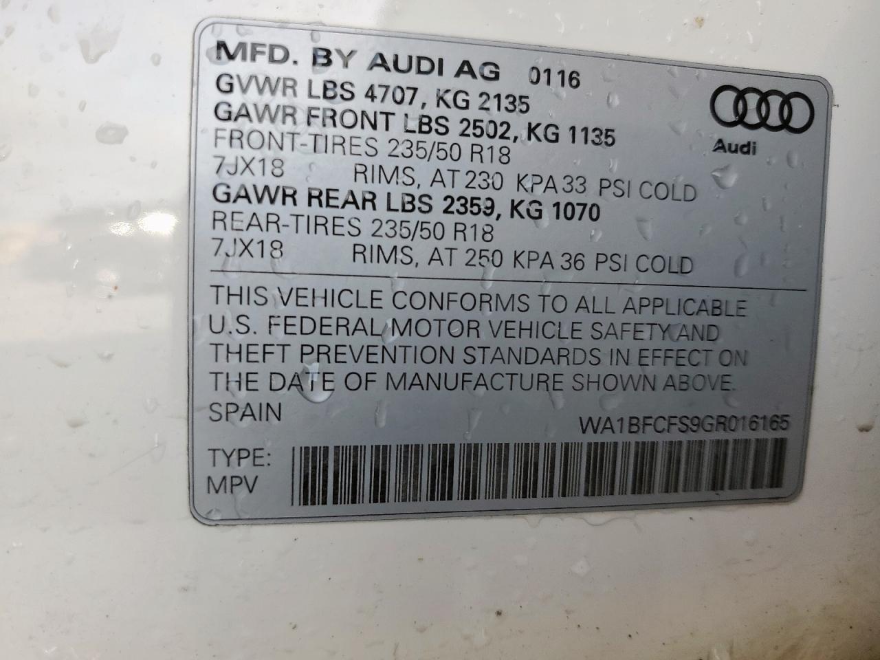 2016 Audi Q3 Premium Plus VIN: WA1BFCFS9GR016165 Lot: 61865565