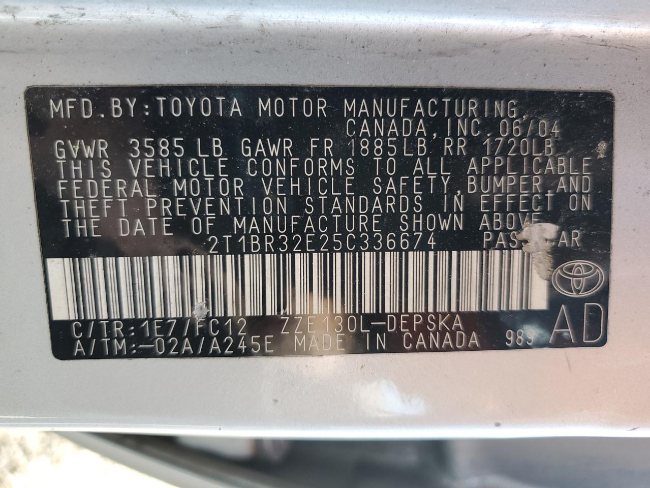 2005 Toyota Corolla Ce VIN: 2T1BR32E25C336674 Lot: 62120955