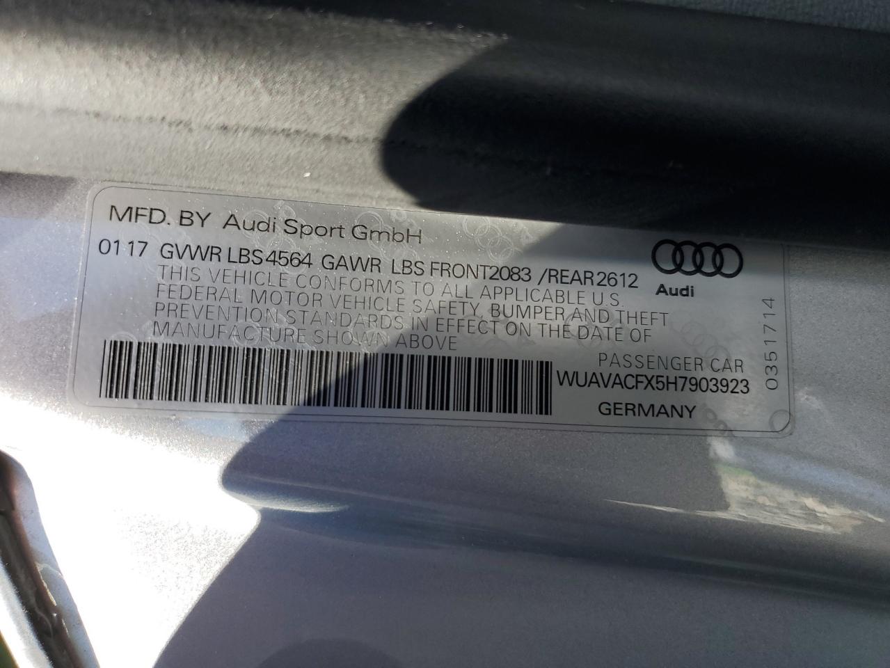 2017 Audi R8 Spyder VIN: WUAVACFX5H7903923 Lot: 57079895