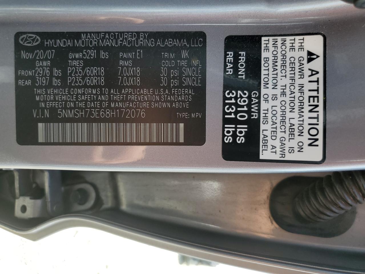 2008 Hyundai Santa Fe Se VIN: 5NMSH73E68H172076 Lot: 59305445