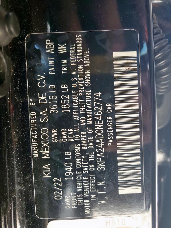 2022 Kia Rio Lx VIN: 3KPA24AD0NE462774 Lot: 61014655