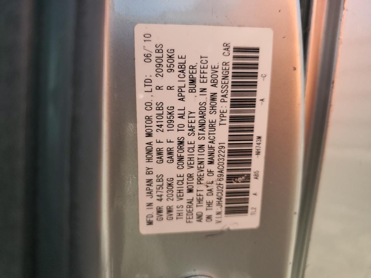 2010 Acura Tsx VIN: JH4CU2F69AC032291 Lot: 62760415