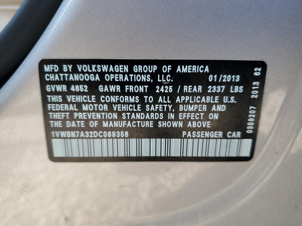 2013 Volkswagen Passat Se VIN: 1VWBN7A32DC089356 Lot: 62540965