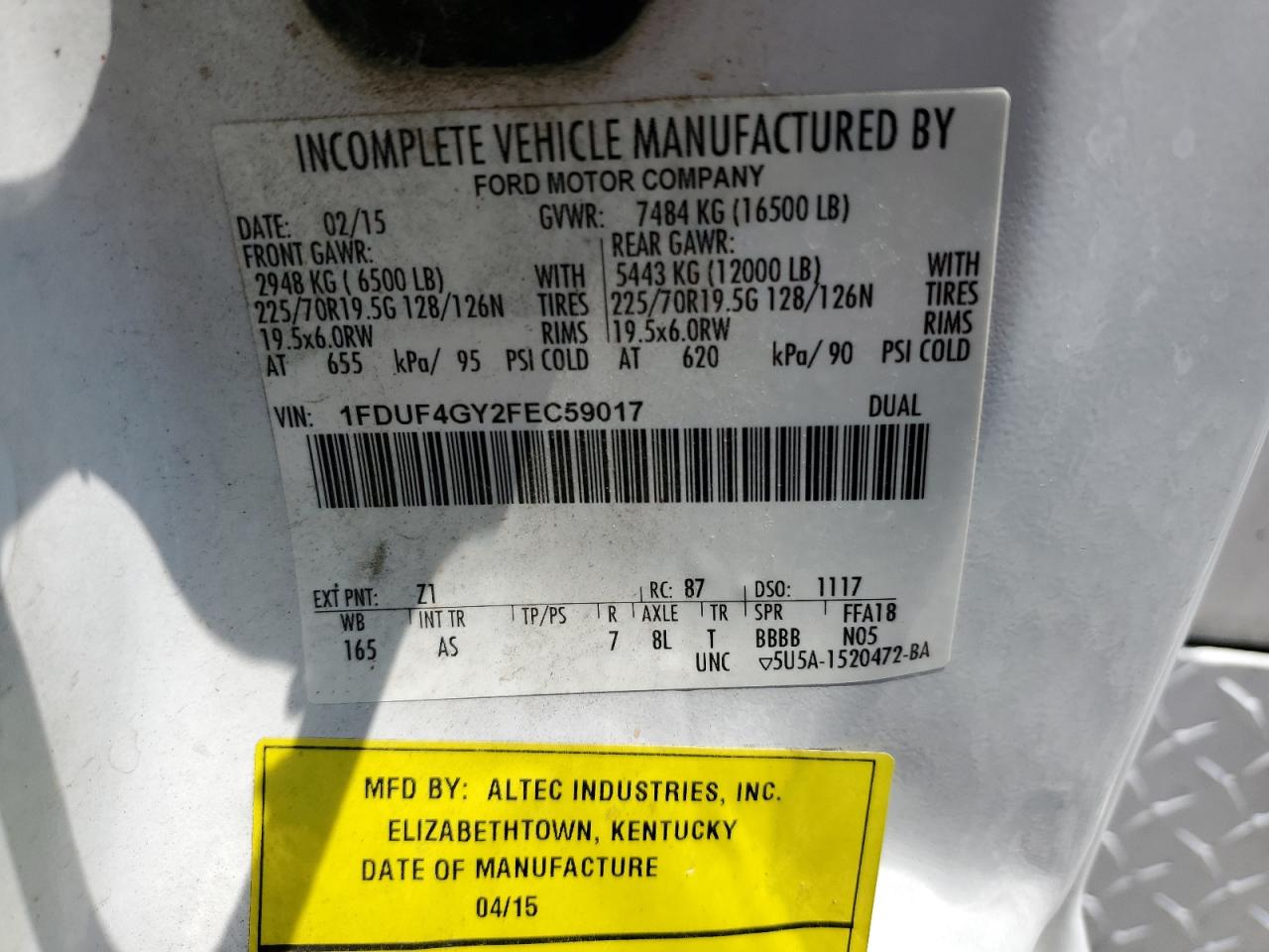 2015 Ford F450 Super Duty VIN: 1FDUF4GY2FEC59017 Lot: 61363365