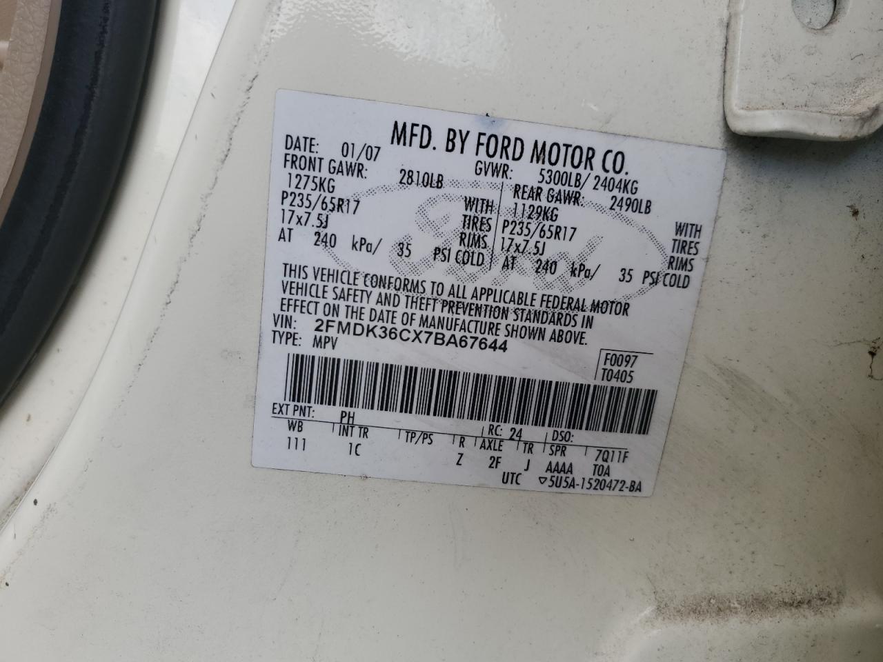 2007 Ford Edge Se VIN: 2FMDK36CX7BA67644 Lot: 62534035