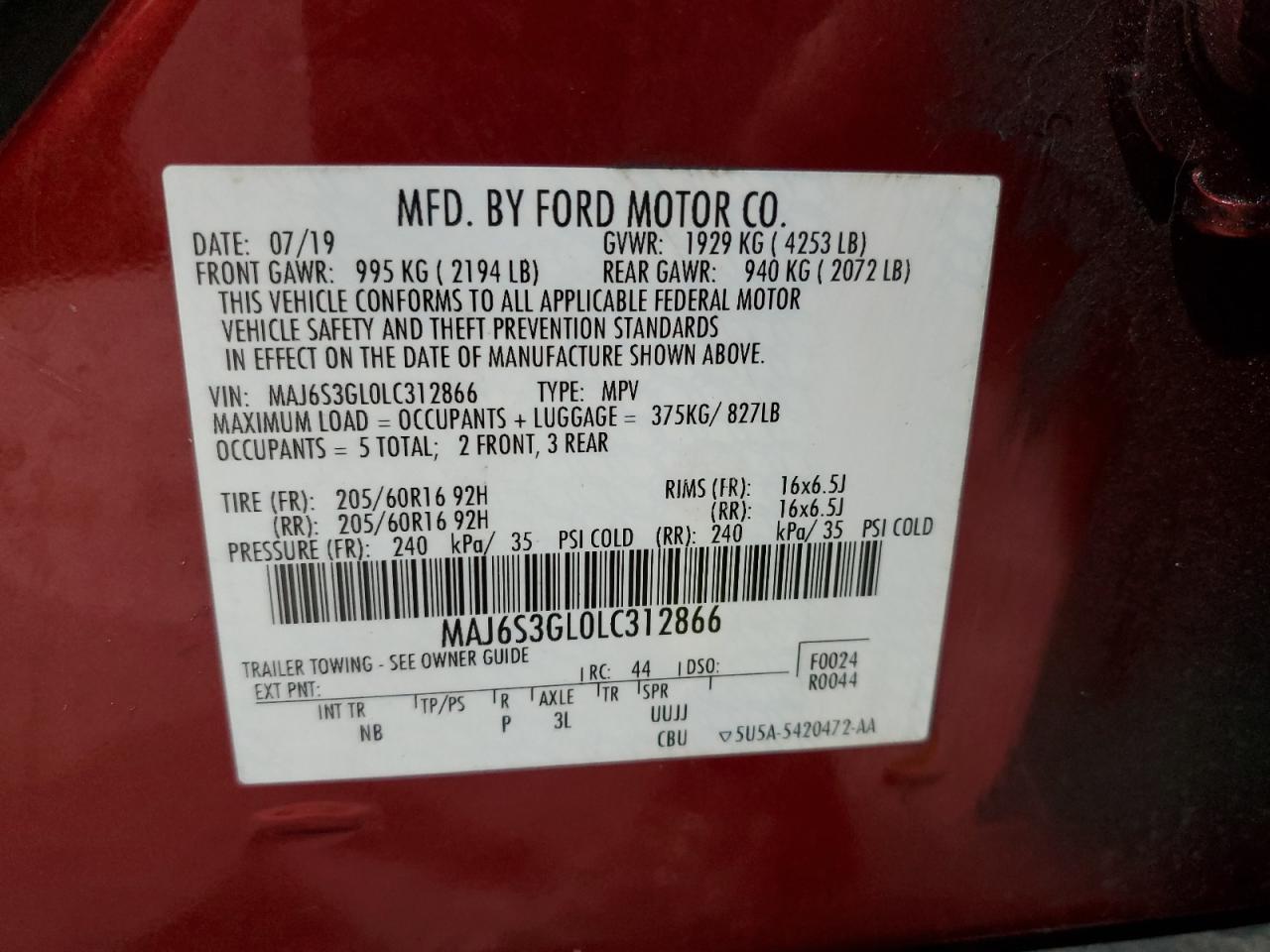 2020 Ford Ecosport Se VIN: MAJ6S3GL0LC312866 Lot: 60914485