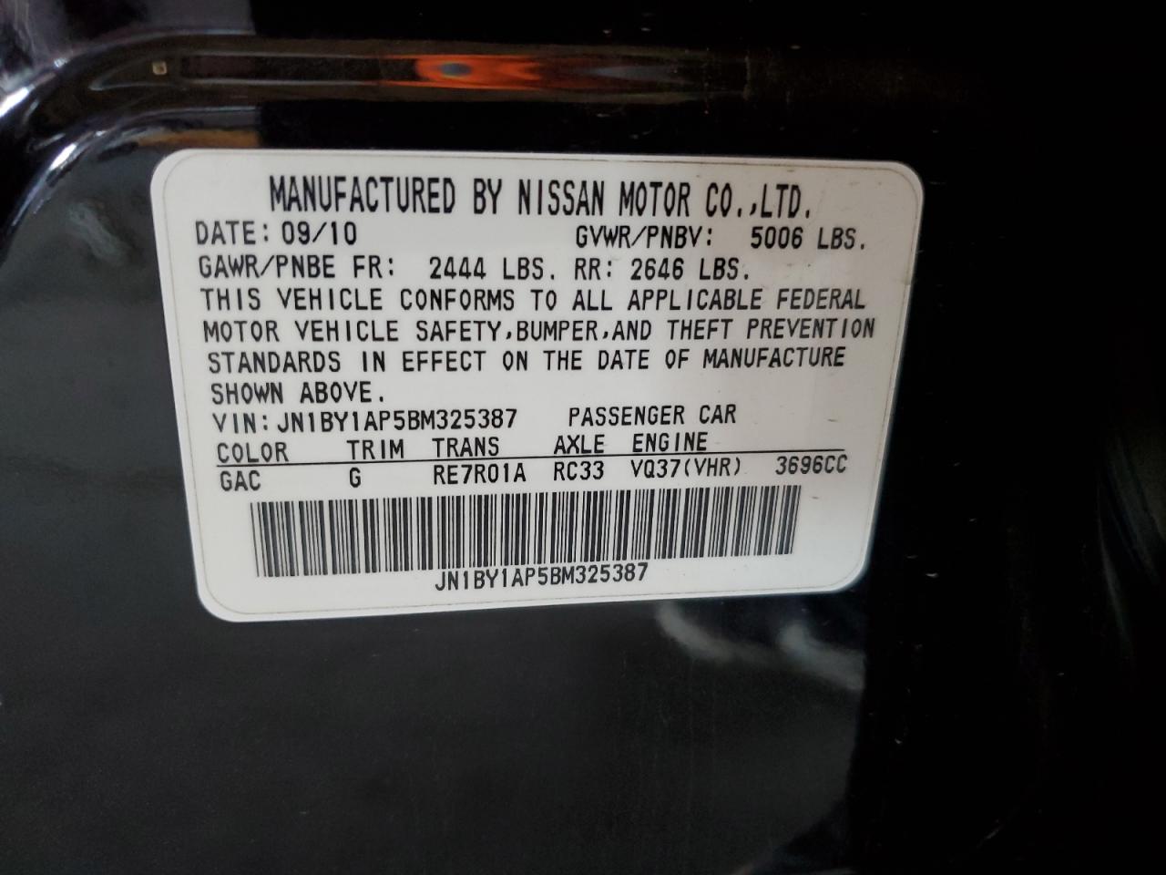 2011 Infiniti M37 VIN: JN1BY1AP5BM325387 Lot: 62179305