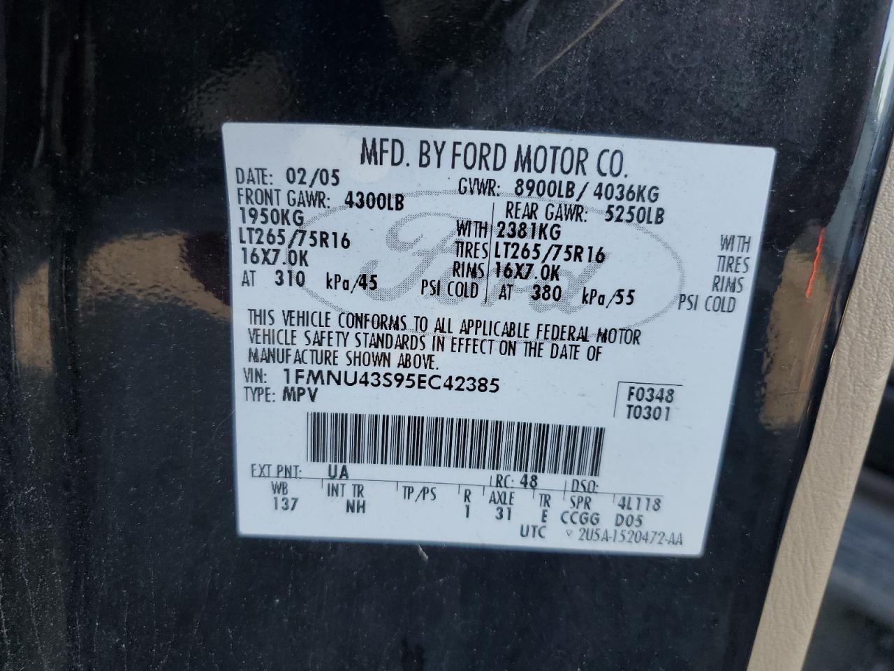 2005 Ford Excursion Limited VIN: 1FMNU43S95EC42385 Lot: 61387265