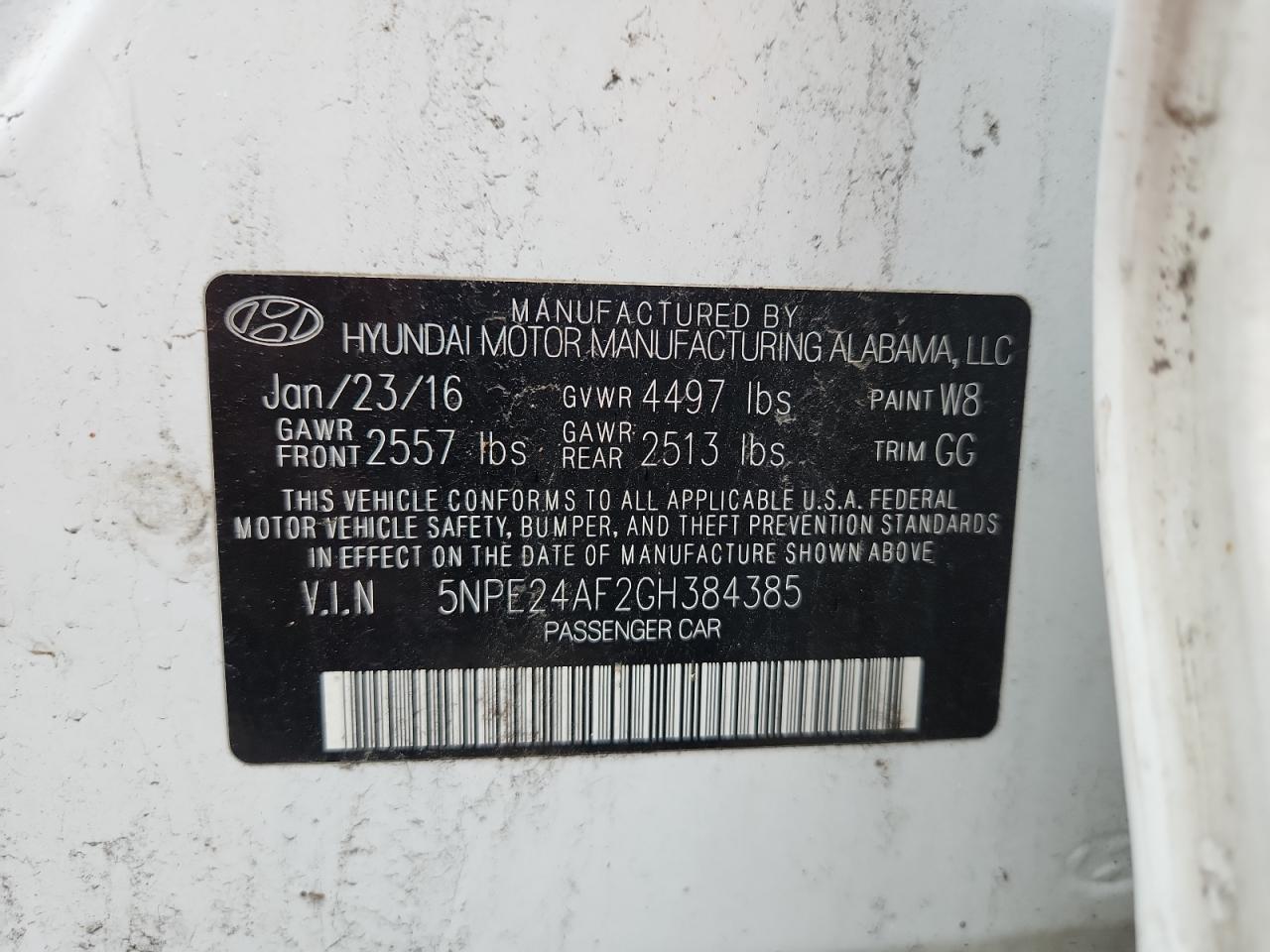2016 Hyundai Sonata Se VIN: 5NPE24AF2GH384385 Lot: 63111885