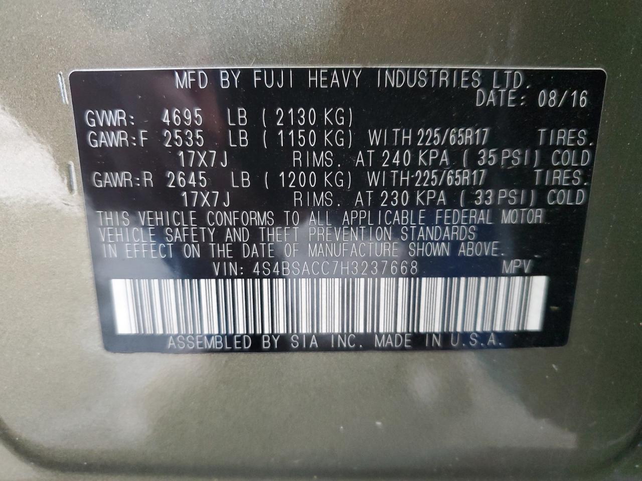2017 Subaru Outback 2.5I Premium VIN: 4S4BSACC7H3237668 Lot: 59991495