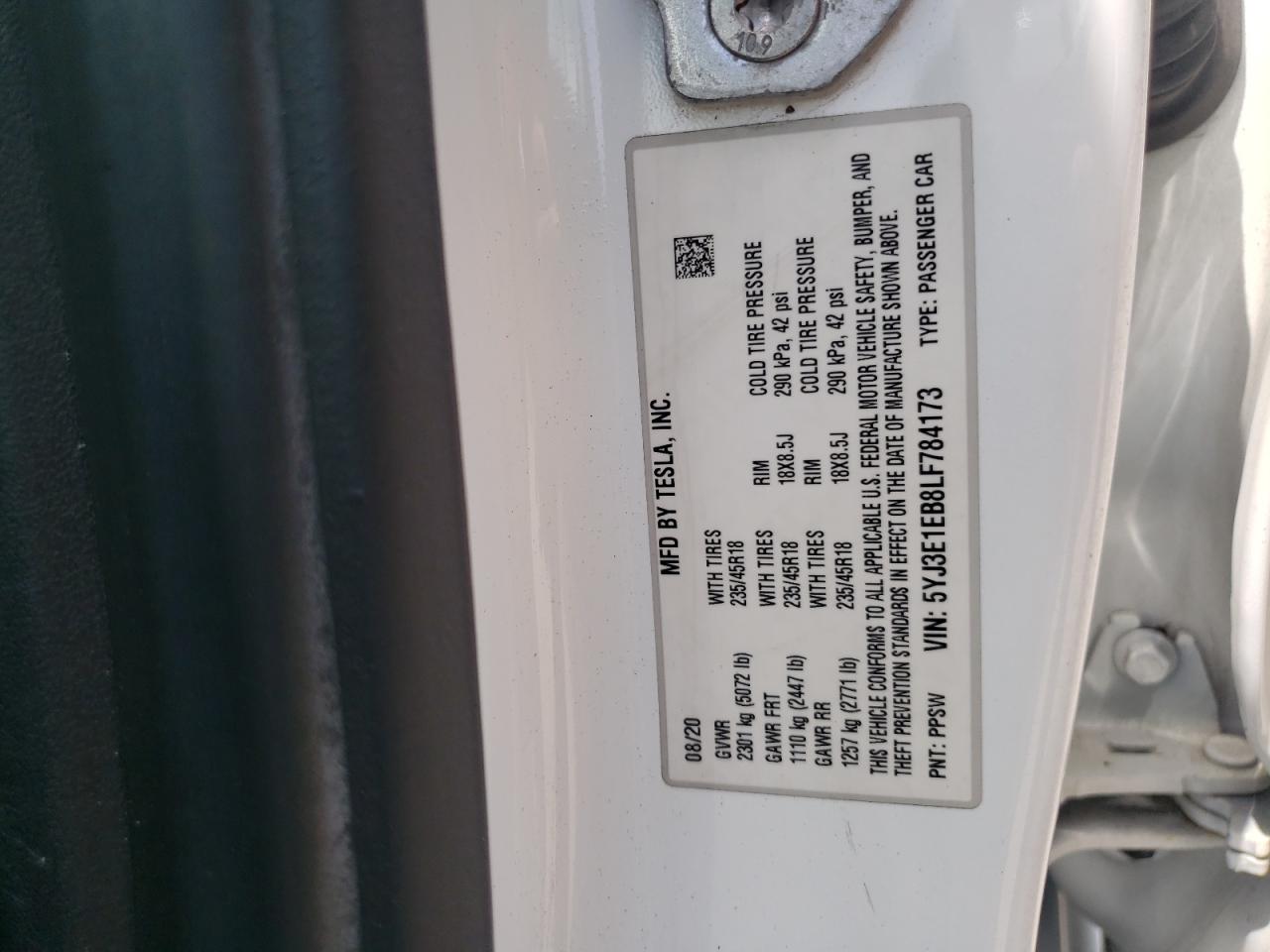 2020 Tesla Model 3 VIN: 5YJ3E1EB8LF784173 Lot: 62396345
