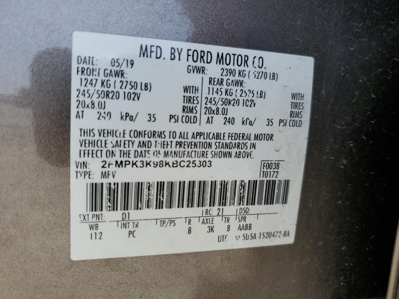 2019 Ford Edge Titanium VIN: 2FMPK3K98KBC25303 Lot: 61194505