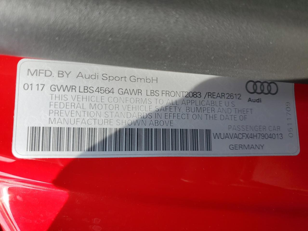 2017 Audi R8 Spyder VIN: WUAVACFX4H7904013 Lot: 62480965