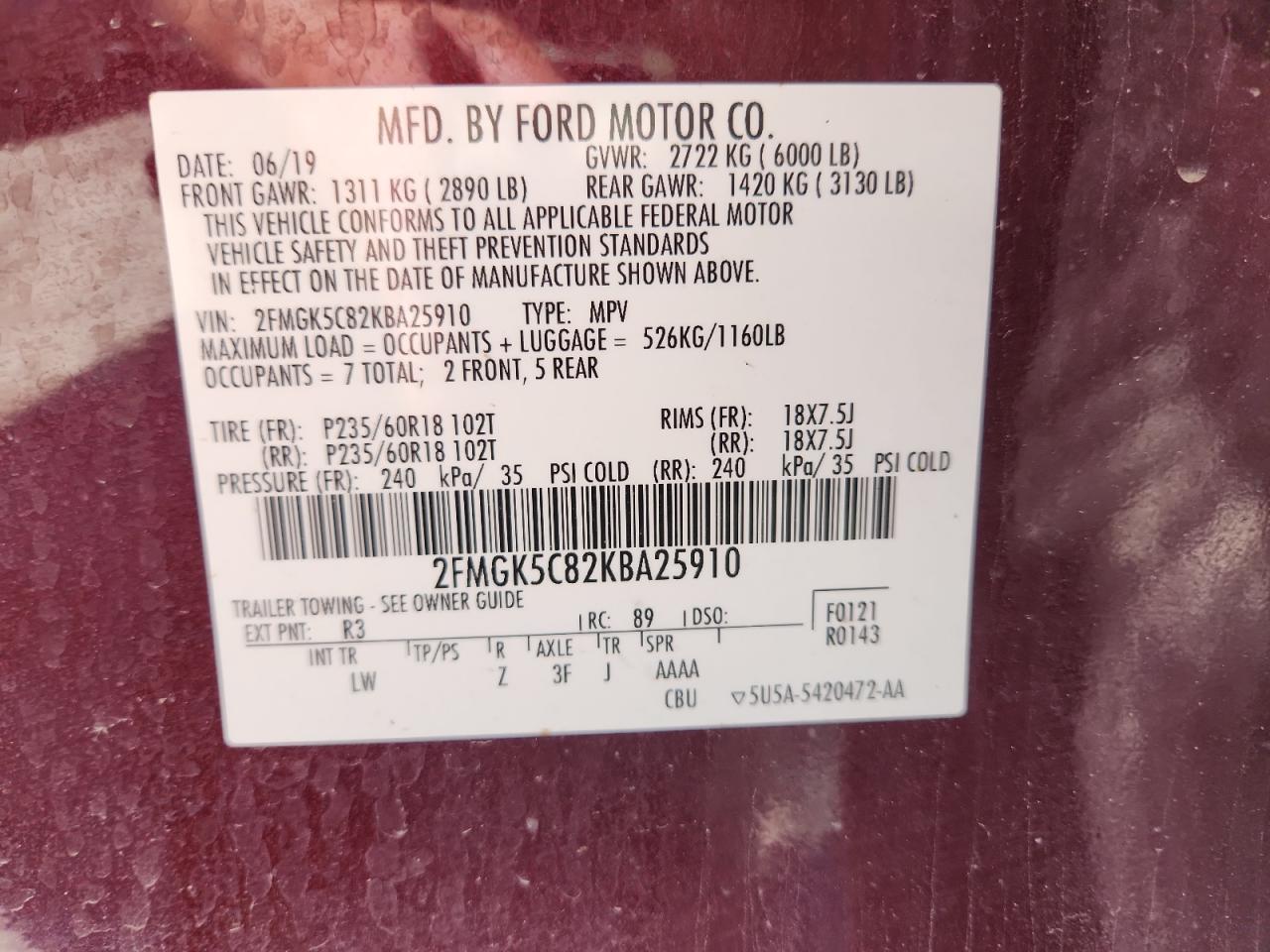 2019 Ford Flex Sel VIN: 2FMGK5C82KBA25910 Lot: 61287405