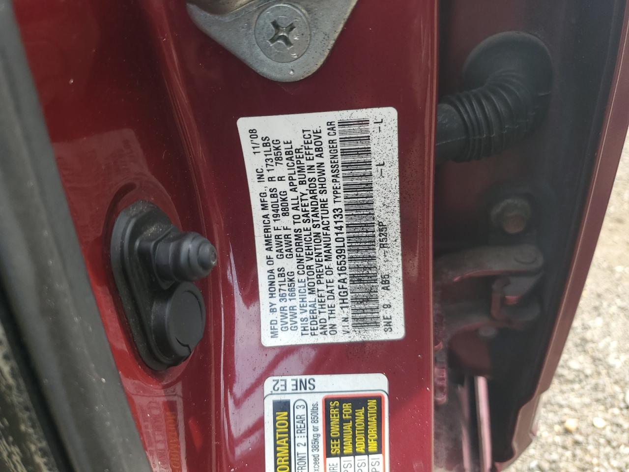 HONDA CIVIC 2009 VIN 1HGFA16539L014133 zdjęcie 12