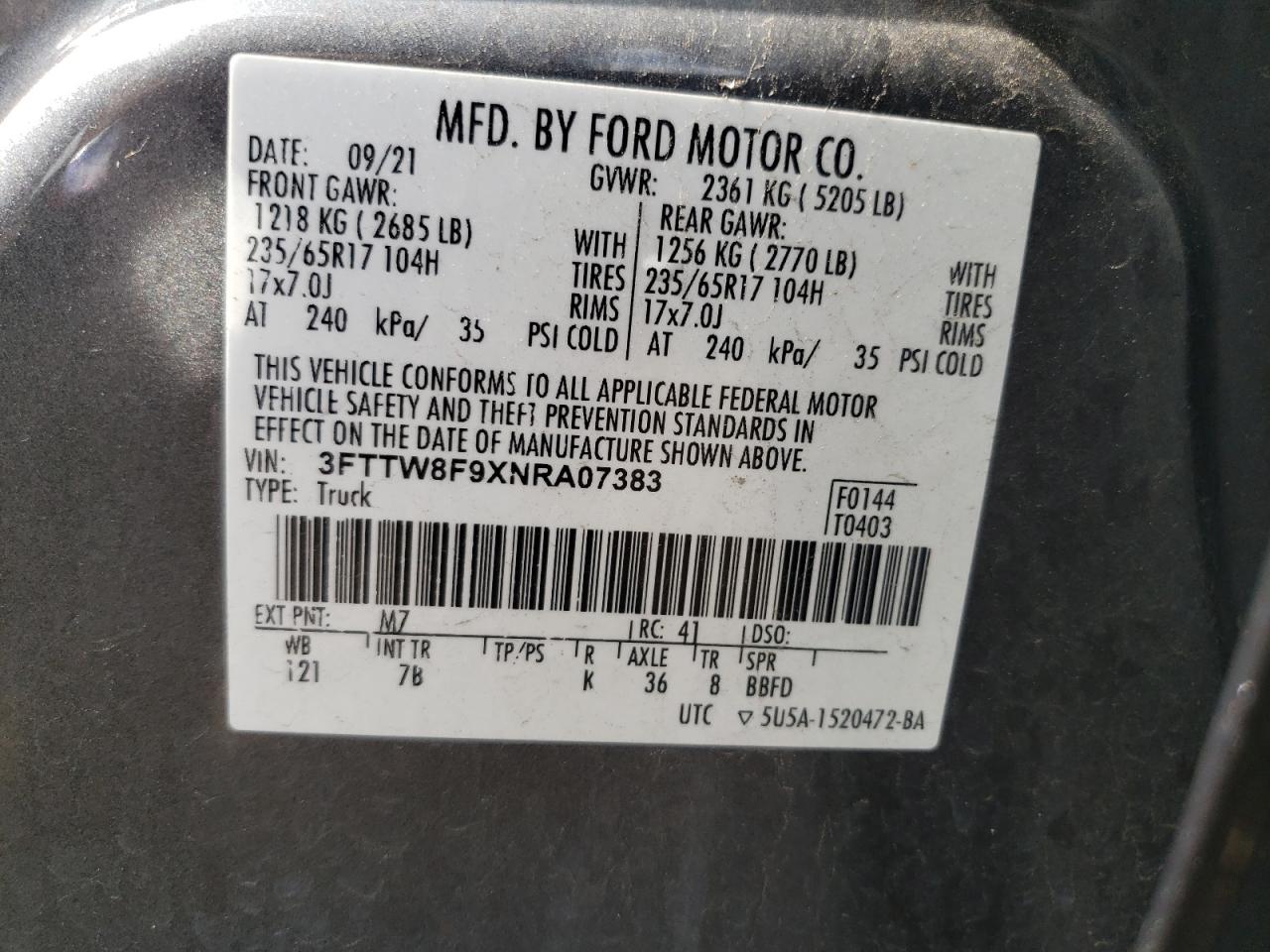 2022 Ford Maverick Xl VIN: 3FTTW8F9XNRA07383 Lot: 61642475