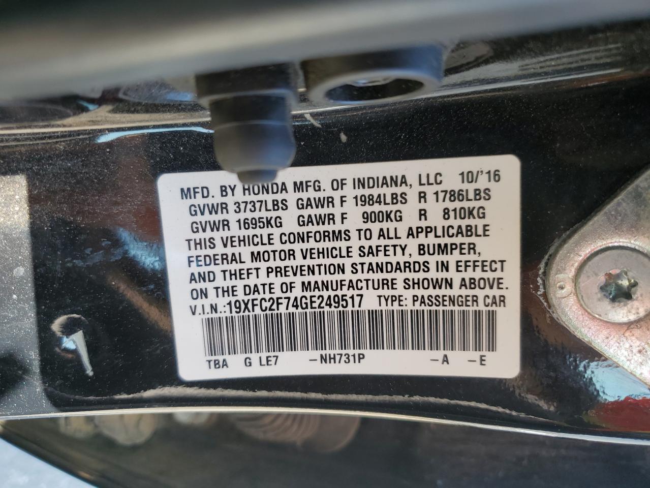 2016 Honda Civic Ex VIN: 19XFC2F74GE249517 Lot: 62919975