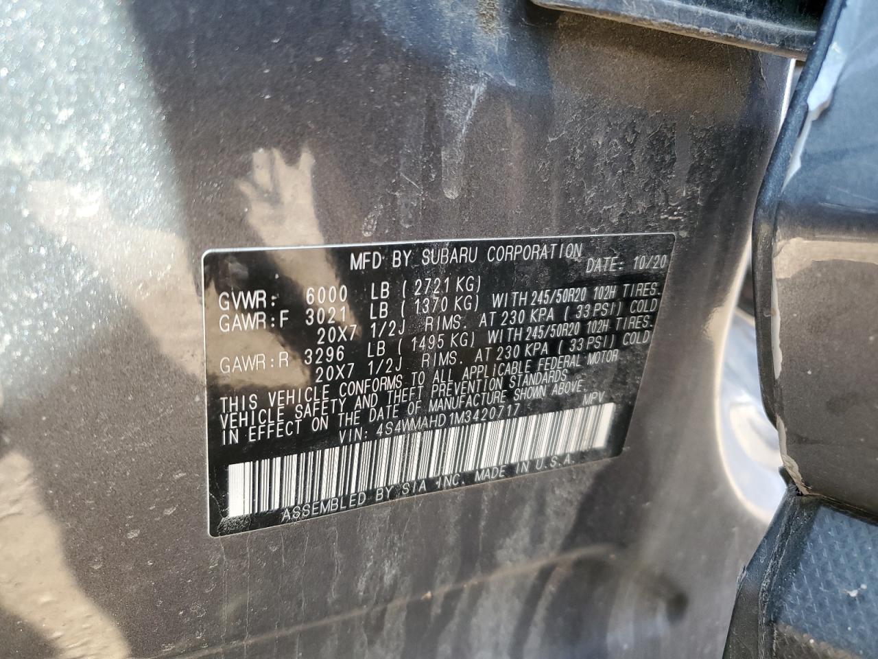 2021 Subaru Ascent Premium VIN: 4S4WMAHD1M3420717 Lot: 60832375