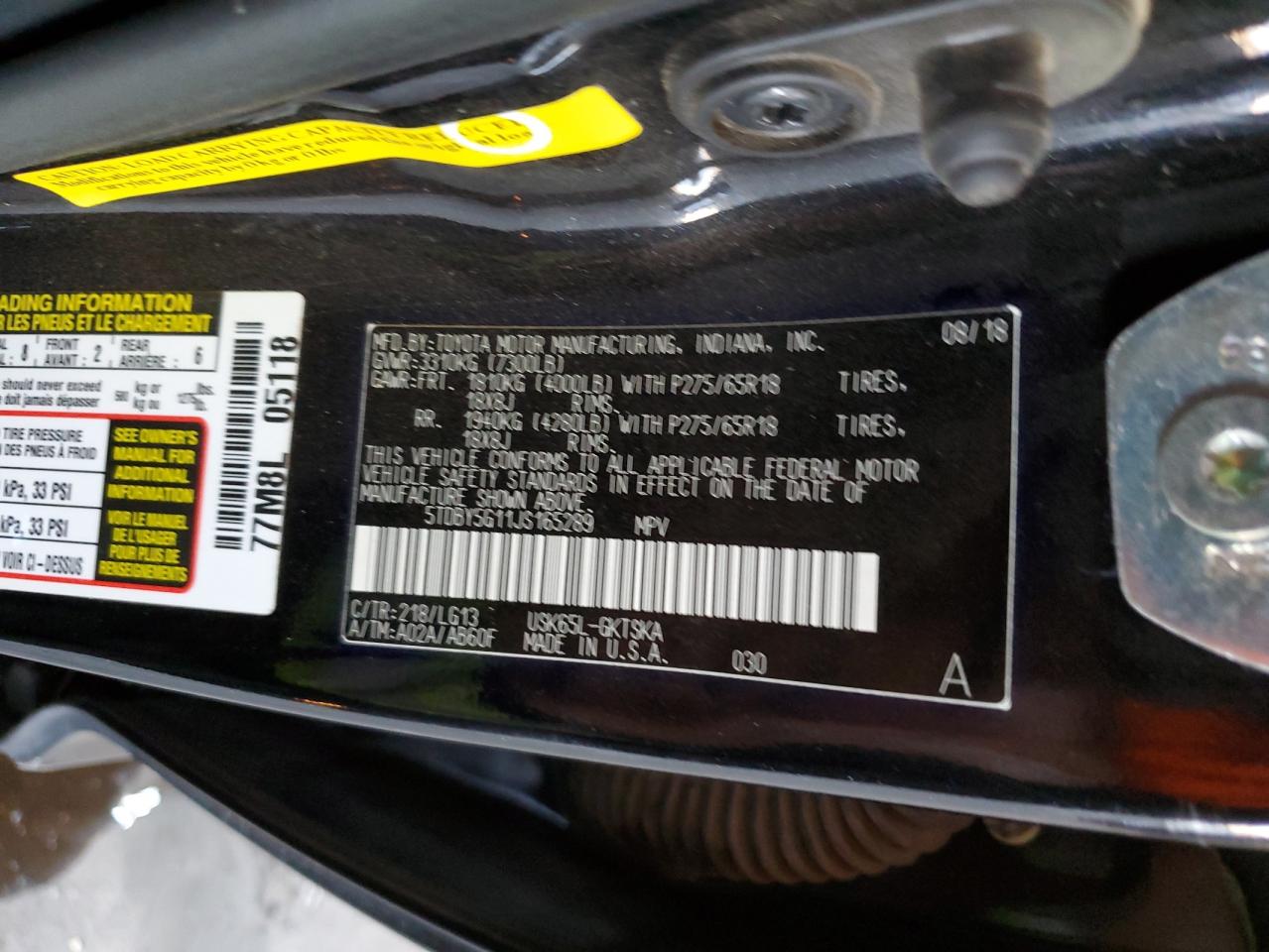2018 Toyota Sequoia Sr5 VIN: 5TDBY5G11JS165289 Lot: 62705385