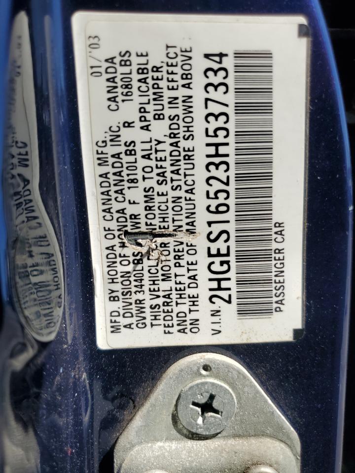 2003 Honda Civic Lx VIN: 2HGES16523H537334 Lot: 62080275