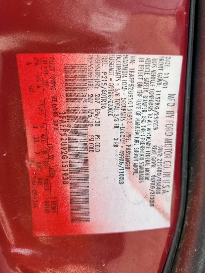 2002 Ford Taurus Lx VIN: 1FAFP52U92G151938 Lot: 59952365