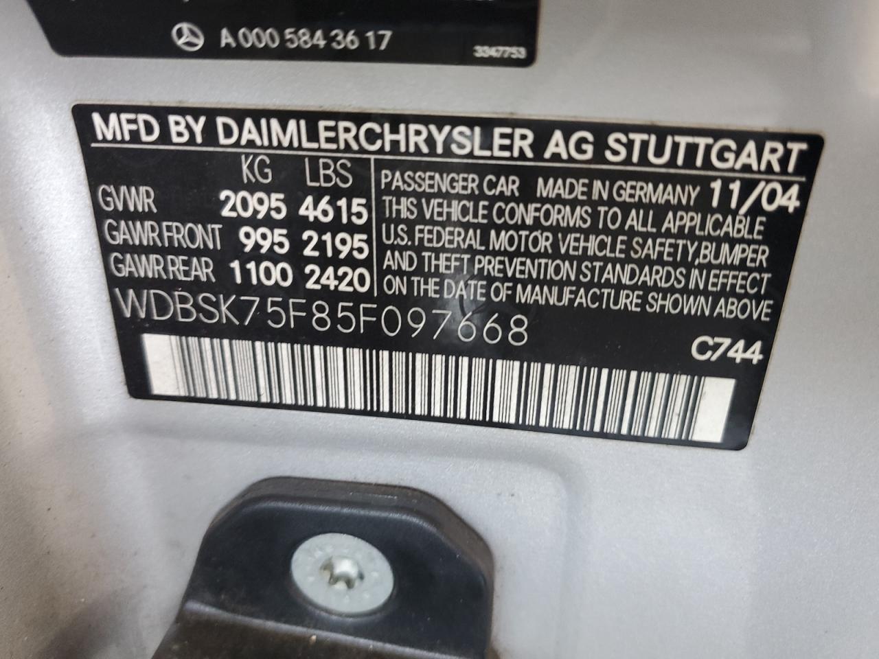 2005 Mercedes-Benz Sl 500 VIN: WDBSK75F85F097668 Lot: 61101455
