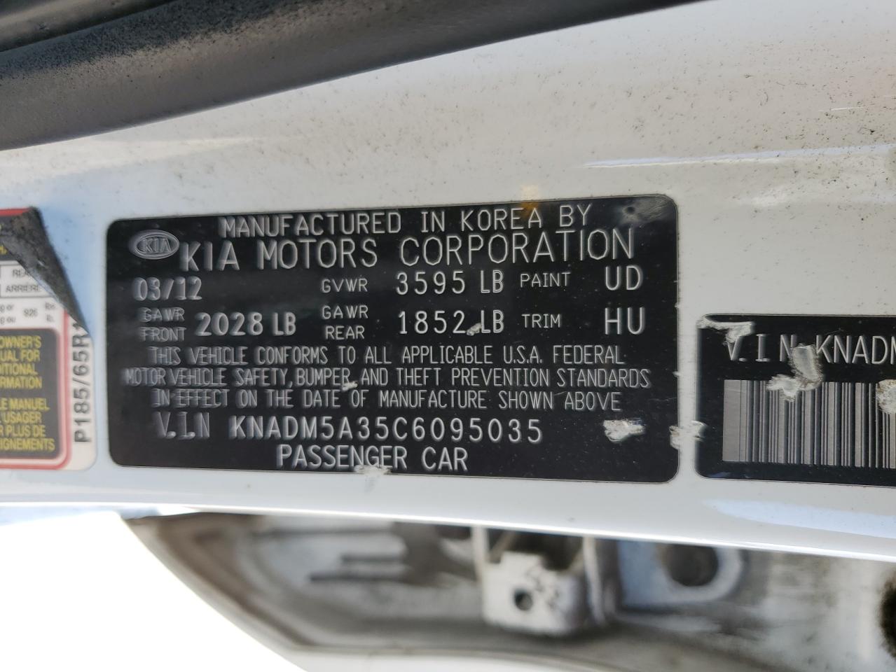 2012 Kia Rio Lx VIN: KNADM5A35C6095035 Lot: 62927255