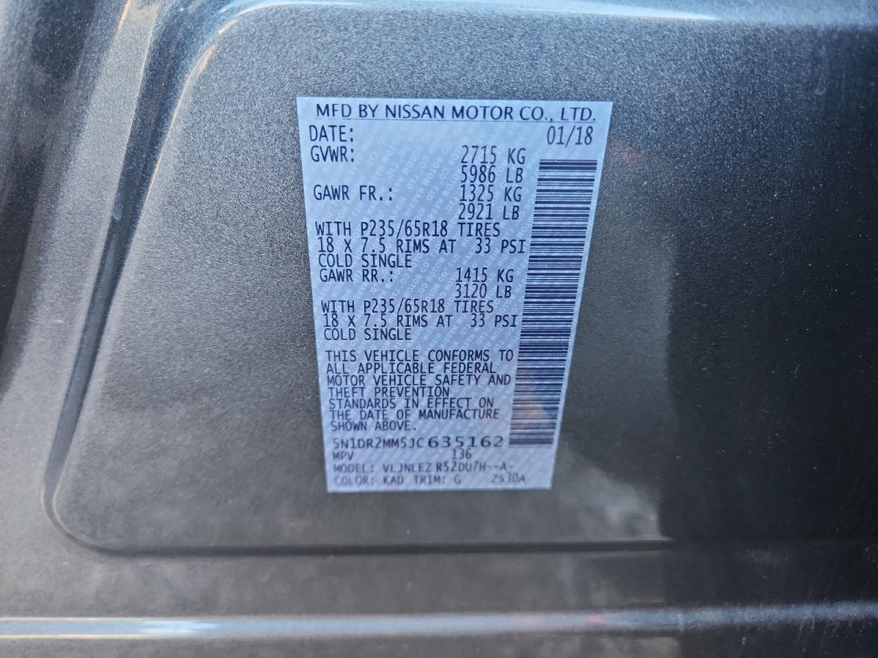 2018 Nissan Pathfinder S VIN: 5N1DR2MM5JC635162 Lot: 62391665