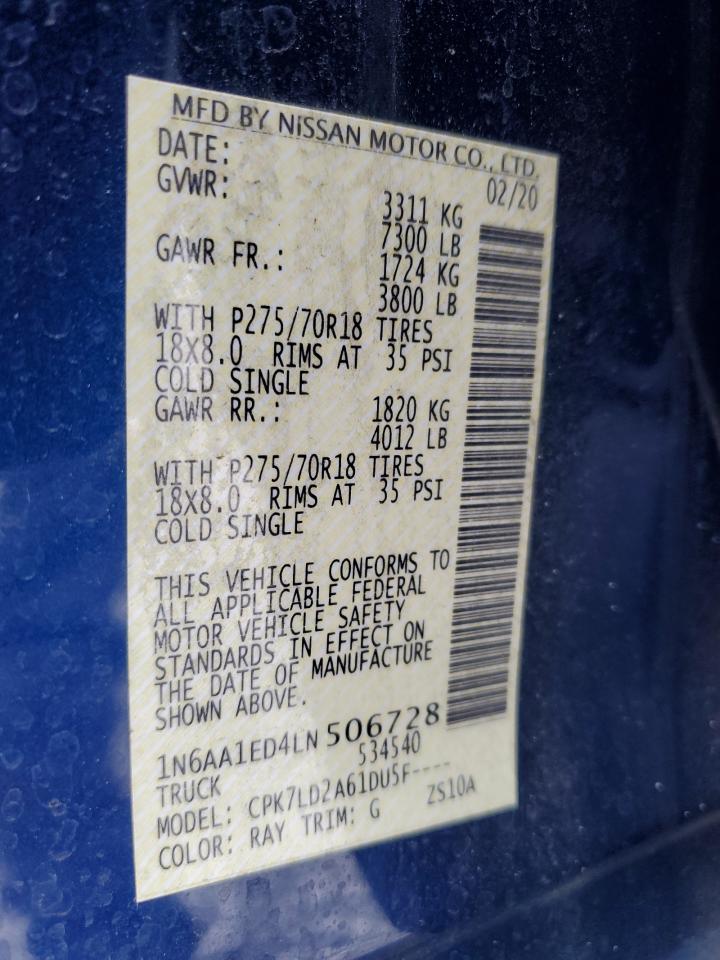 2020 Nissan Titan Sv VIN: 1N6AA1ED4LN506728 Lot: 61565745