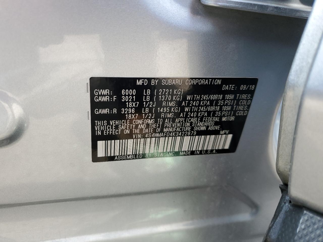 2019 Subaru Ascent Premium VIN: 4S4WMAFD4K3422879 Lot: 59794605