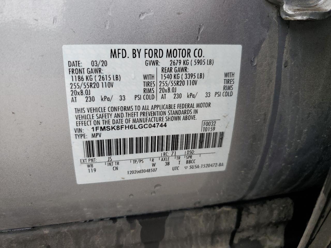 2020 Ford Explorer Limited VIN: 1FMSK8FH6LGC04744 Lot: 61430895