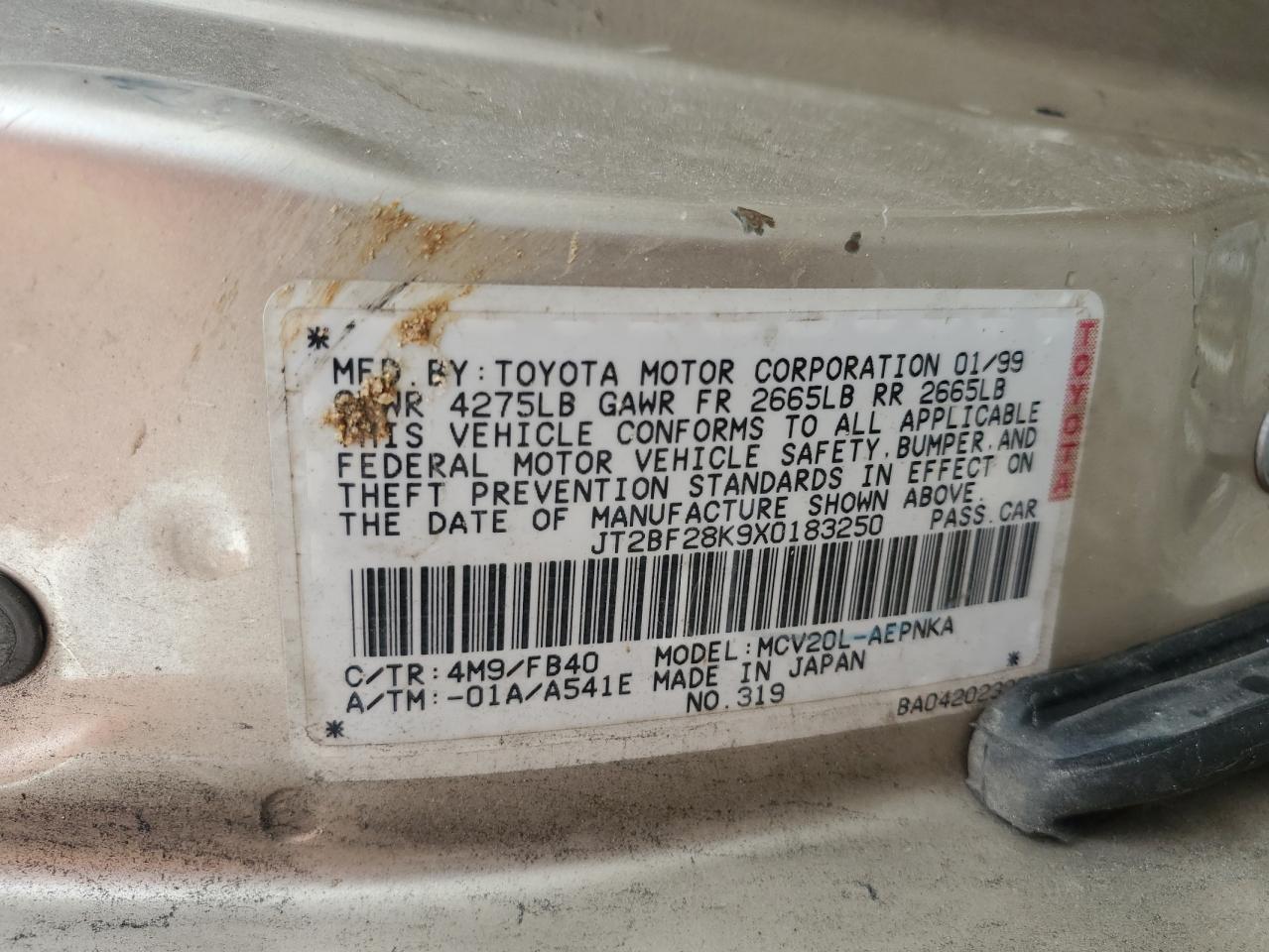 1999 Toyota Camry Le VIN: JT2BF28K9X0183250 Lot: 60932585