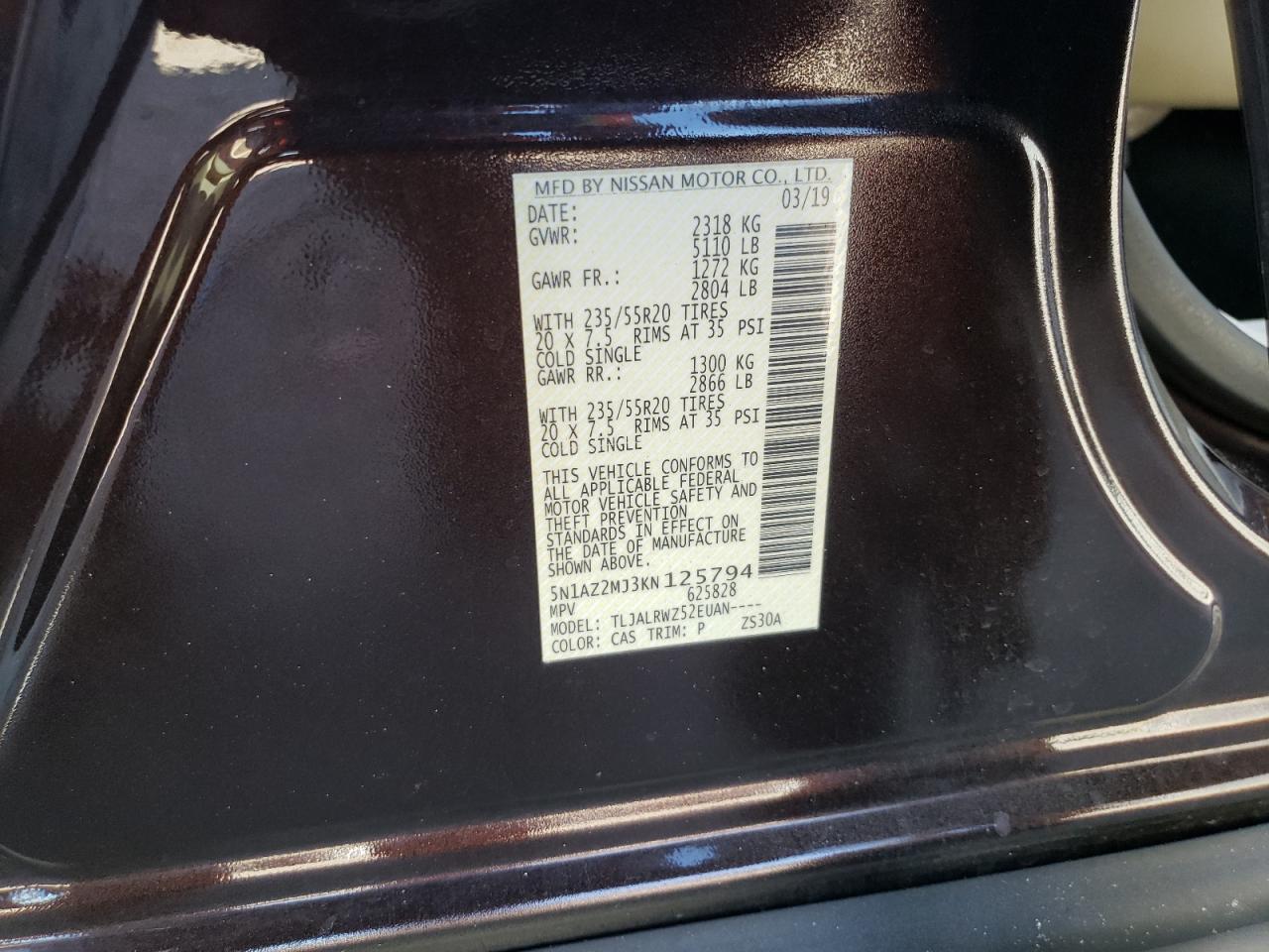 2019 Nissan Murano S VIN: 5N1AZ2MJ3KN125794 Lot: 62215755