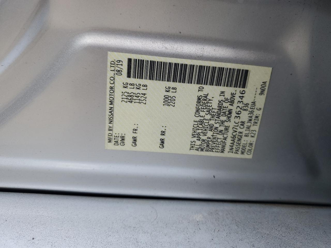 2020 Nissan Maxima Sv VIN: 1N4AA6CV7LC362346 Lot: 61653685