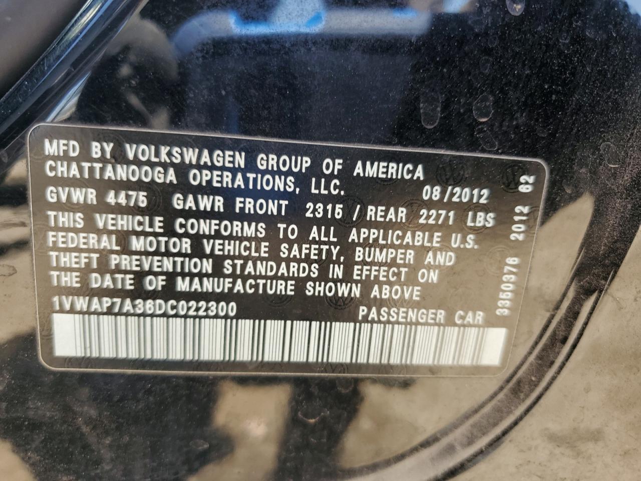 2013 Volkswagen Passat S VIN: 1VWAP7A36DC022300 Lot: 62300265