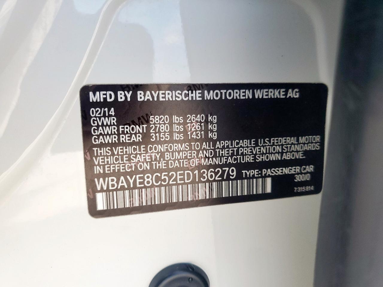 2014 BMW 750 Li VIN: WBAYE8C52ED136279 Lot: 60917415