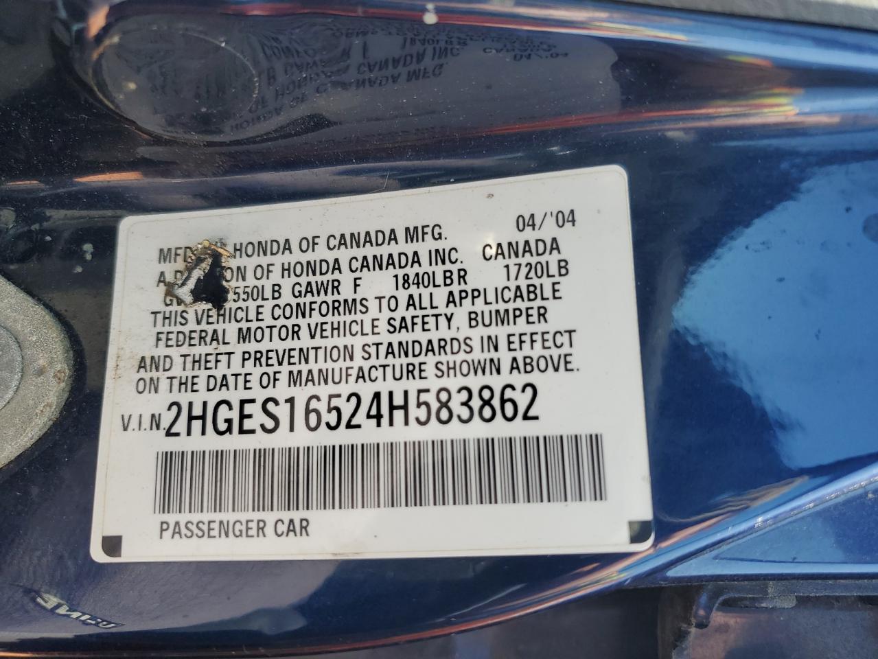 2004 Honda Civic Lx VIN: 2HGES16524H583862 Lot: 57310585