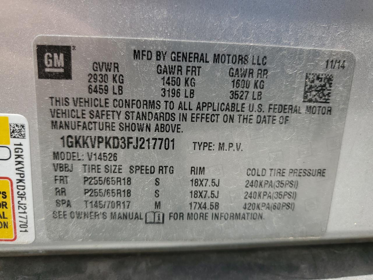 2015 GMC Acadia Sle VIN: 1GKKVPKD3FJ217701 Lot: 61133395