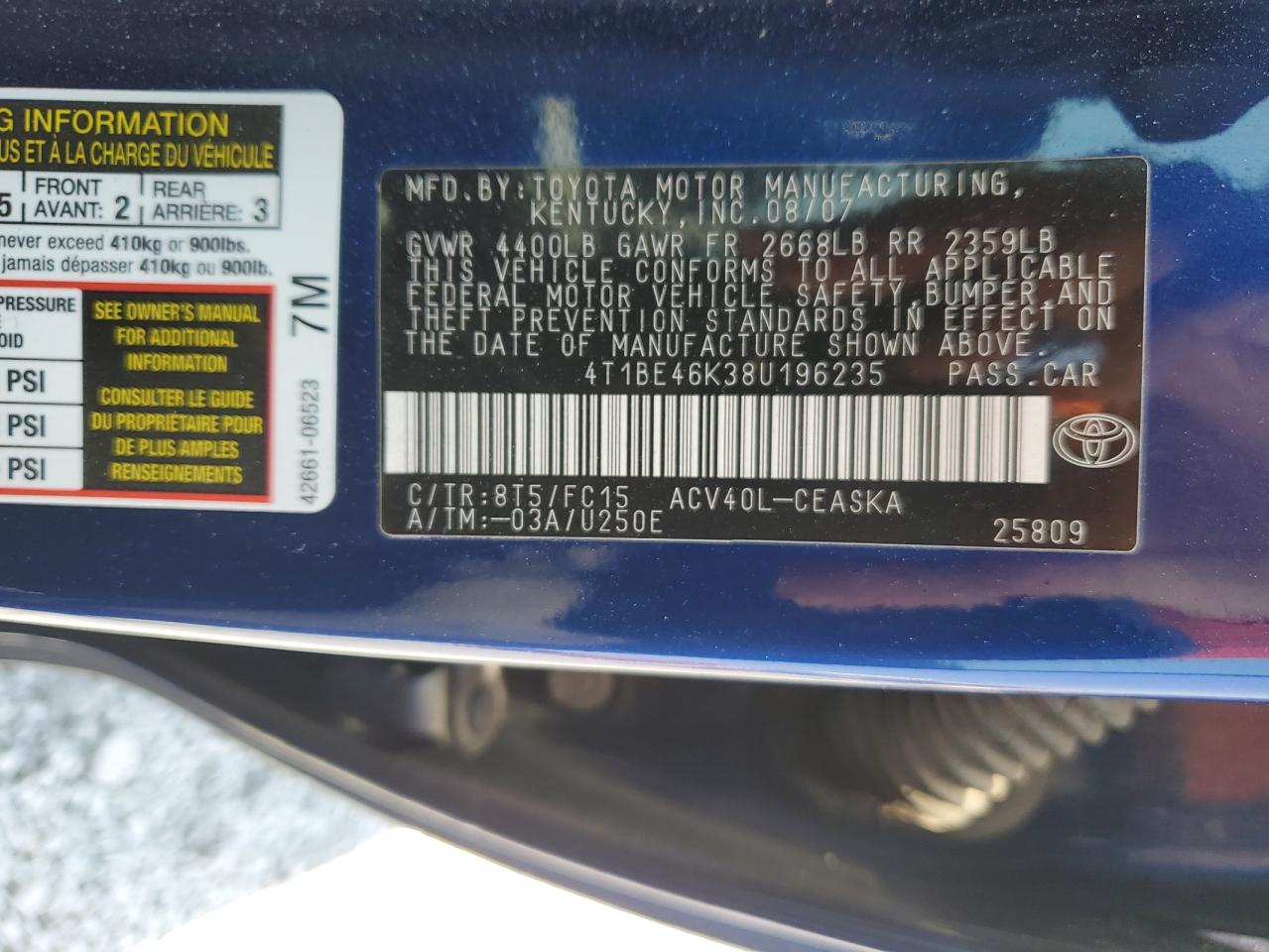 2008 Toyota Camry Ce VIN: 4T1BE46K38U196235 Lot: 64648445