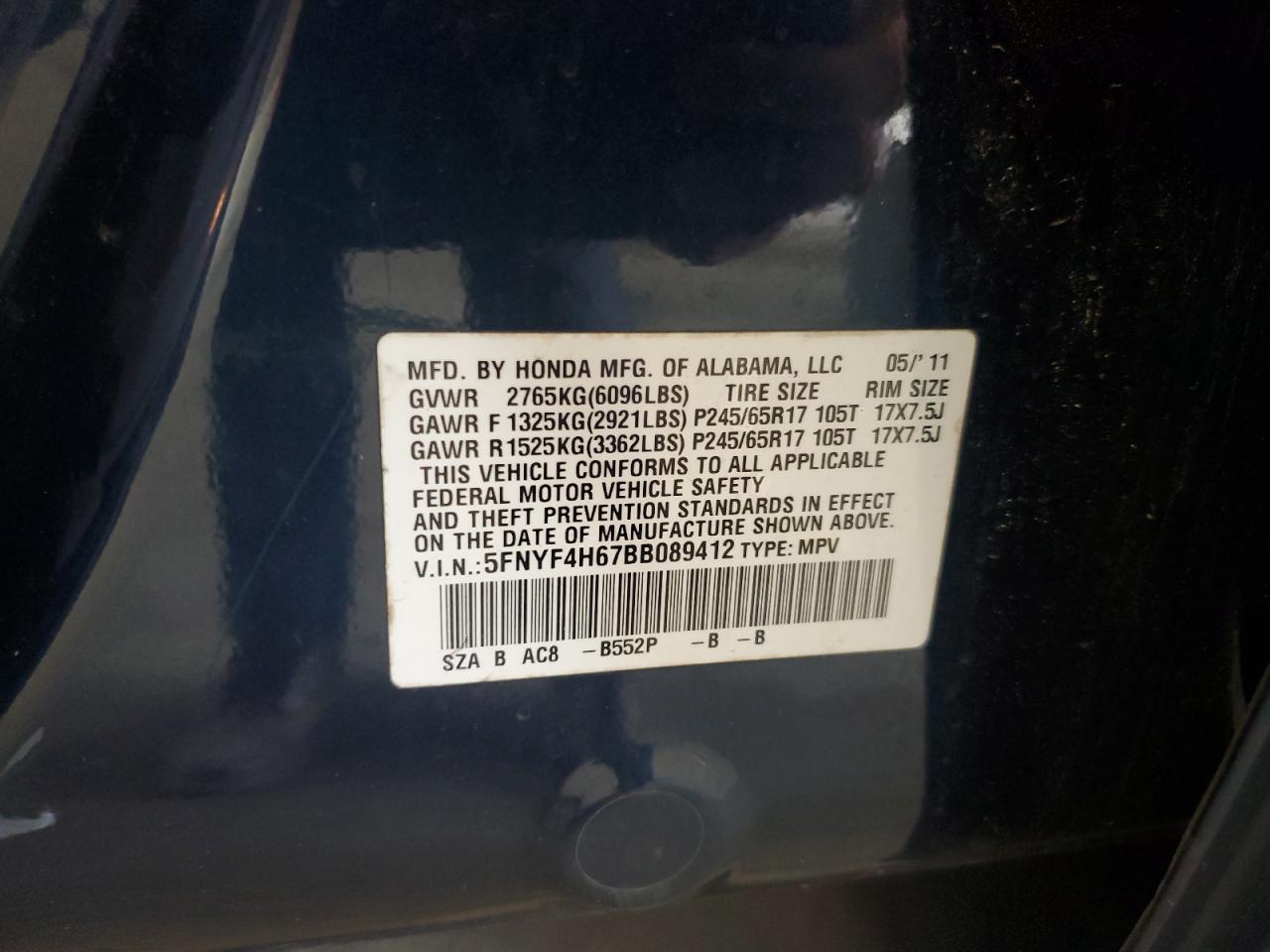 2011 Honda Pilot Exl VIN: 5FNYF4H67BB089412 Lot: 60643695