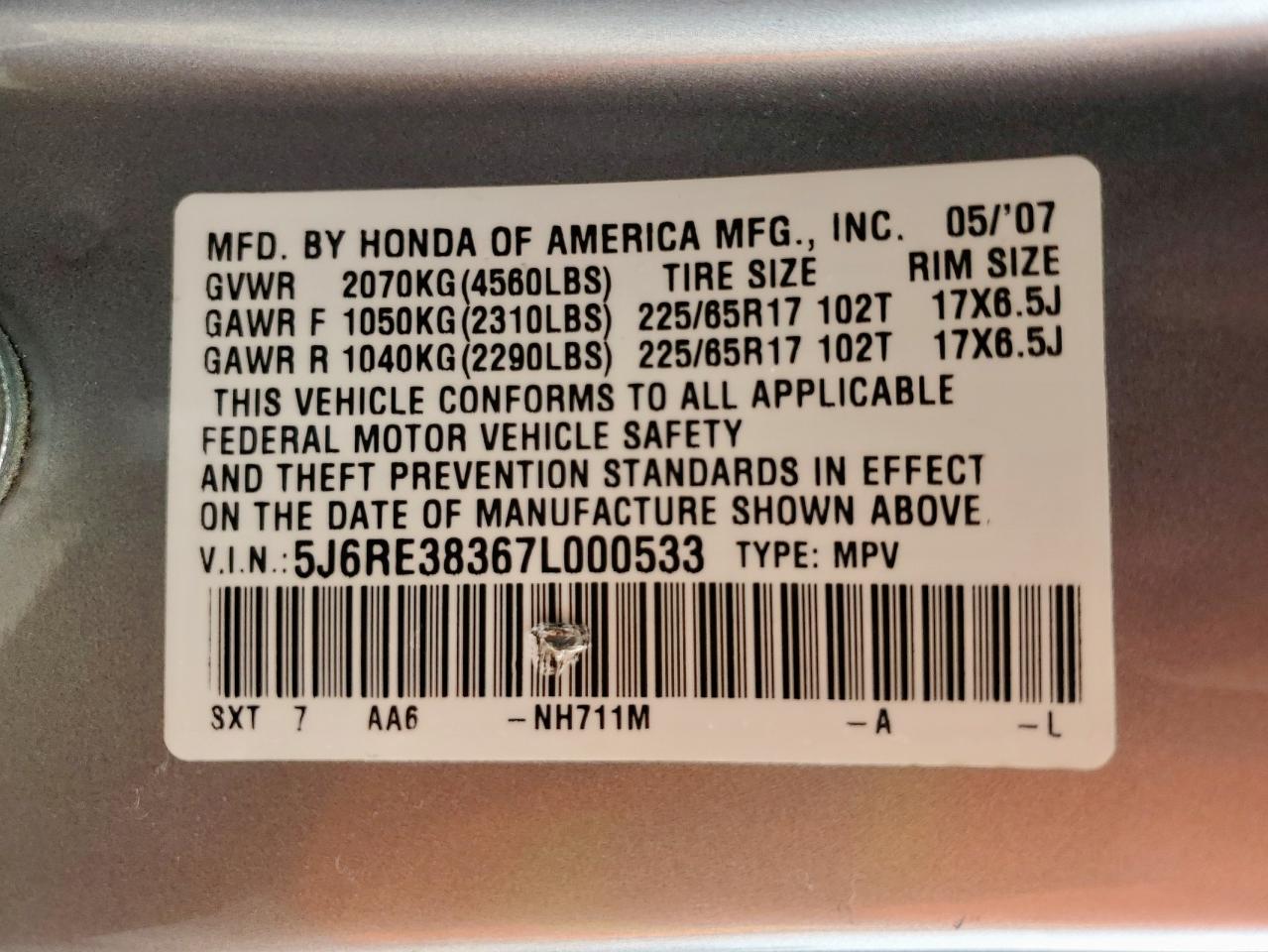 2007 Honda Cr-V Lx VIN: 5J6RE38367L000533 Lot: 62830635
