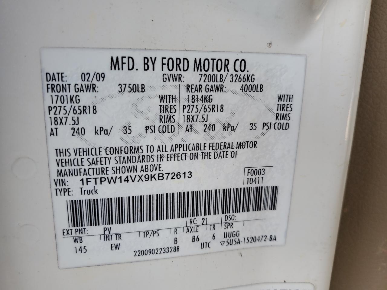 2009 Ford F150 Supercrew VIN: 1FTPW14VX9KB72613 Lot: 60437565