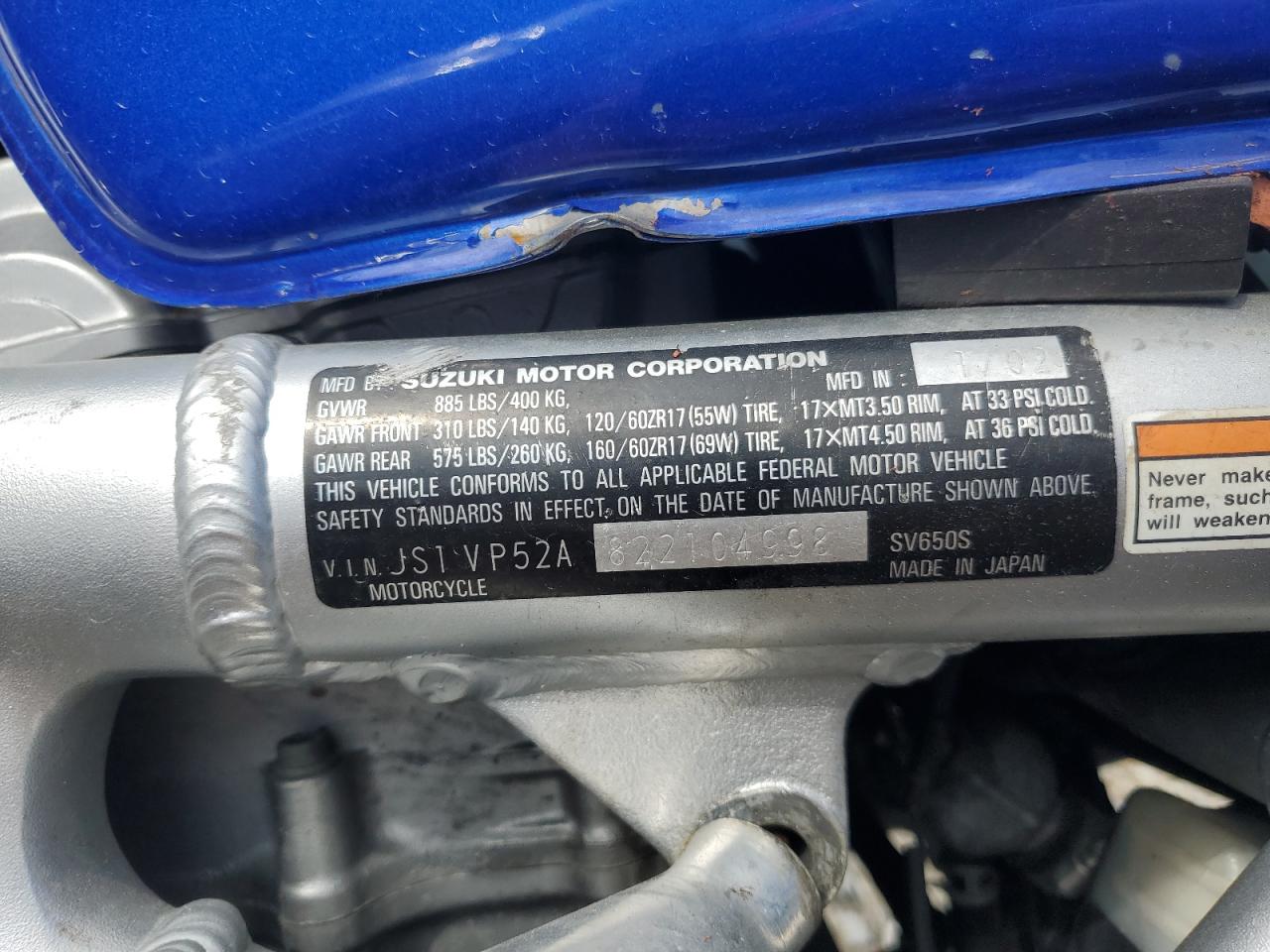 2002 Suzuki Sv650 S VIN: JS1VP52A822104998 Lot: 61557345