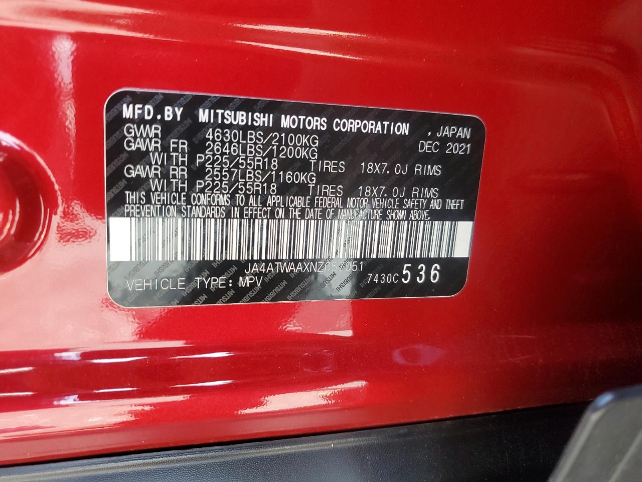 2022 Mitsubishi Eclipse Cross Se VIN: JA4ATWAAXNZ057051 Lot: 62271375