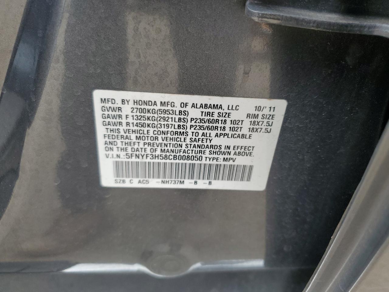 2012 Honda Pilot Exl VIN: 5FNYF3H58CB008050 Lot: 59881385