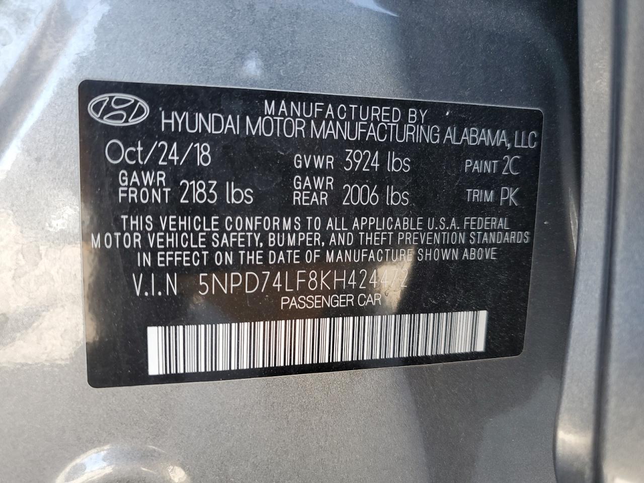 2019 Hyundai Elantra Se VIN: 5NPD74LF8KH424472 Lot: 62708705
