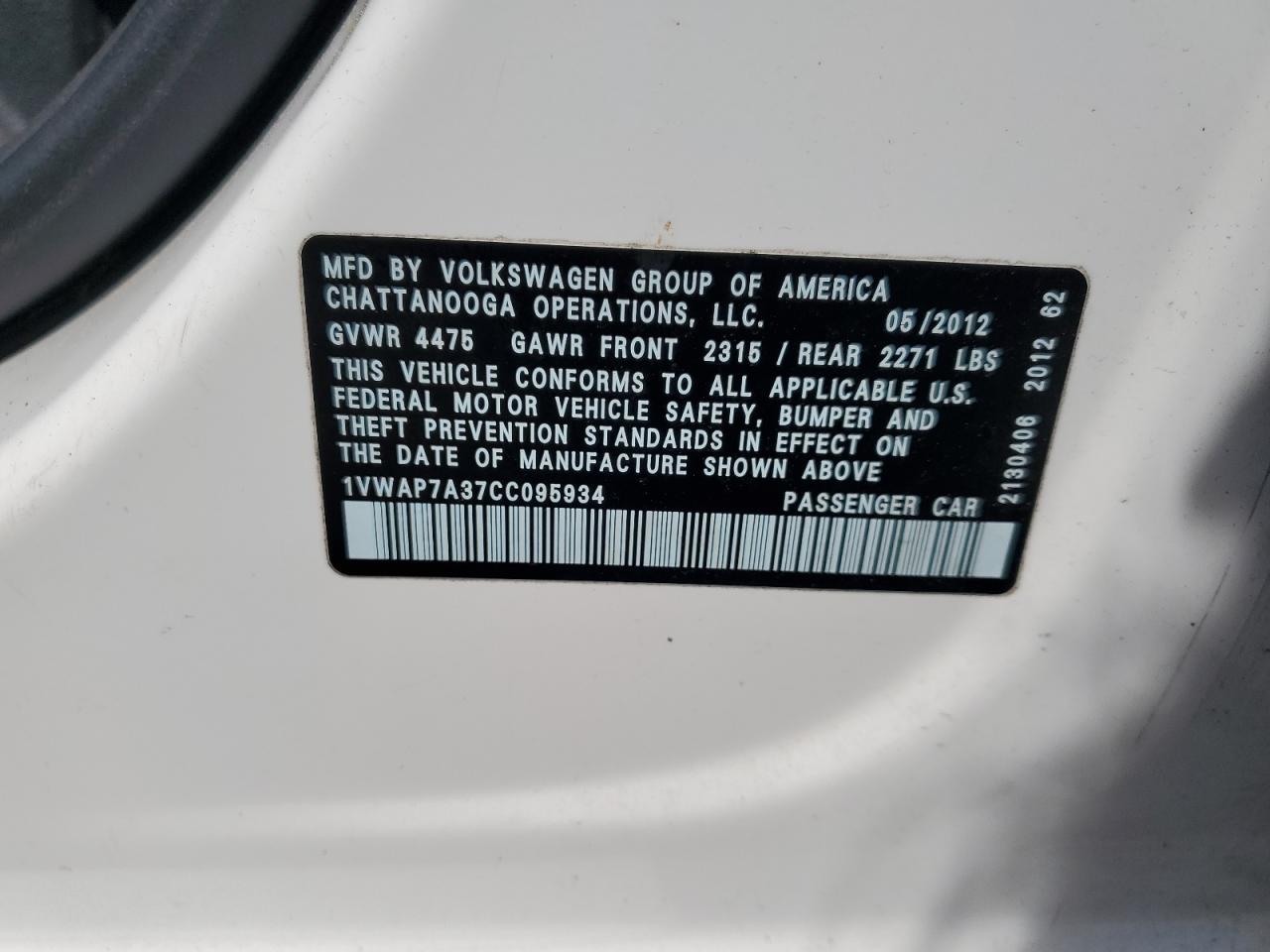 2012 Volkswagen Passat S VIN: 1VWAP7A37CC095934 Lot: 61777215