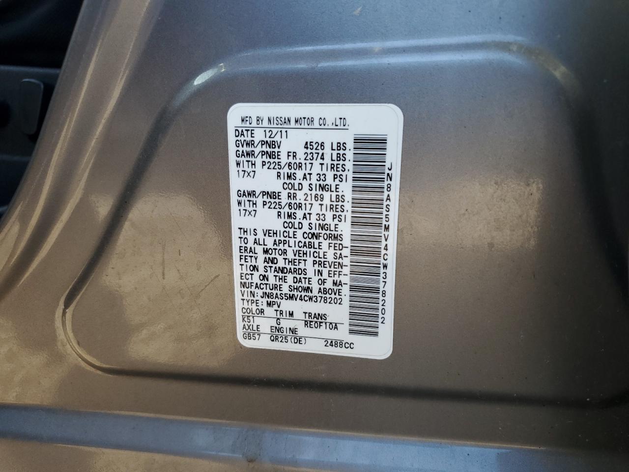 2012 Nissan Rogue S VIN: JN8AS5MV4CW378202 Lot: 62087045